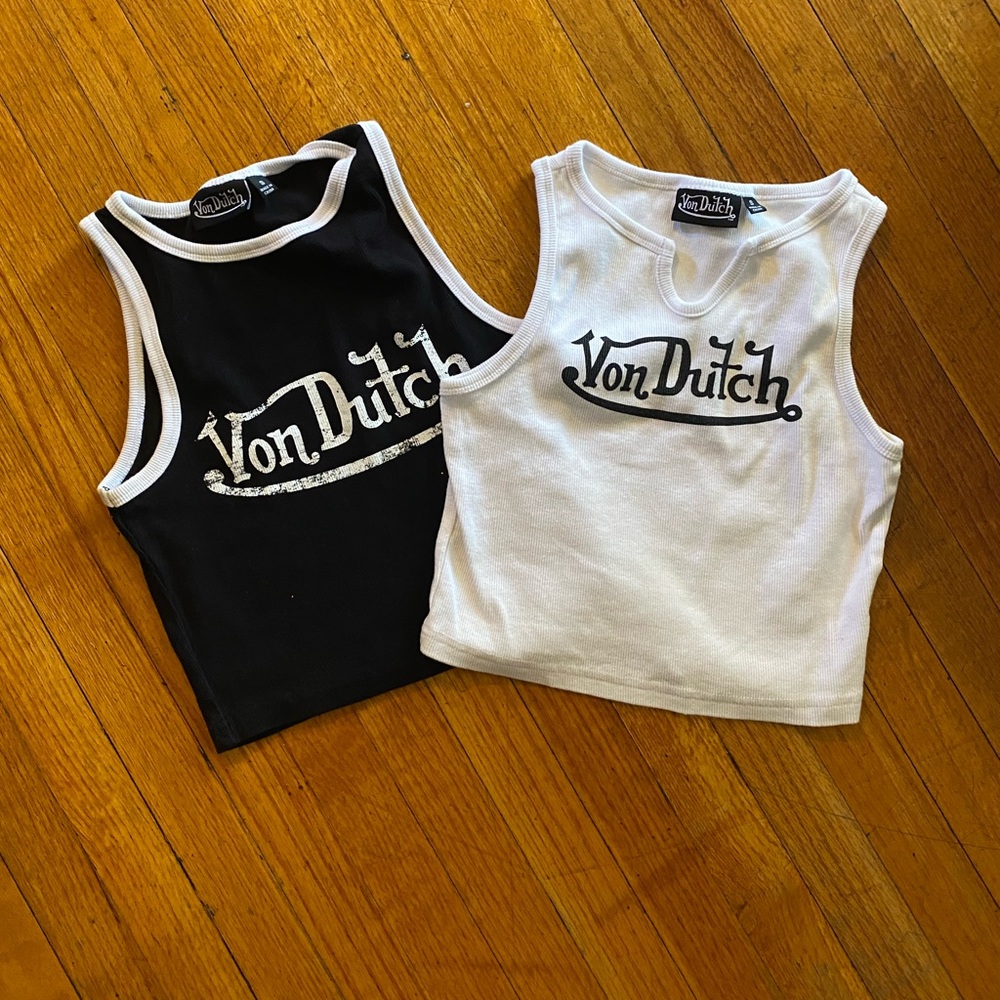 2 Von Dutch Graphic Ribbed Notch Tank Tops Women's Sz S Black & White - Picture 3 of 4